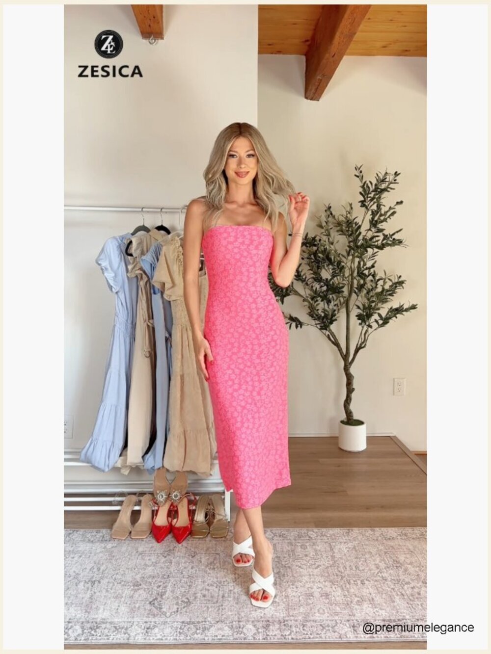 Strapless Floral Bodycon Midi Dress, Summer Wedding Guest Beach Formal - Picture 7 of 7